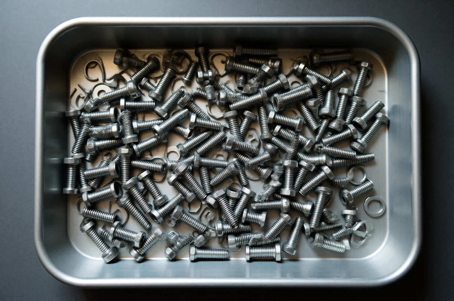 A shallow tray of small fasteners and clips photographed from directly above