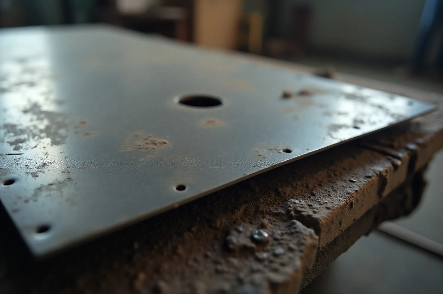 The hand-formed edge of a steel panel photographed close up in raking light