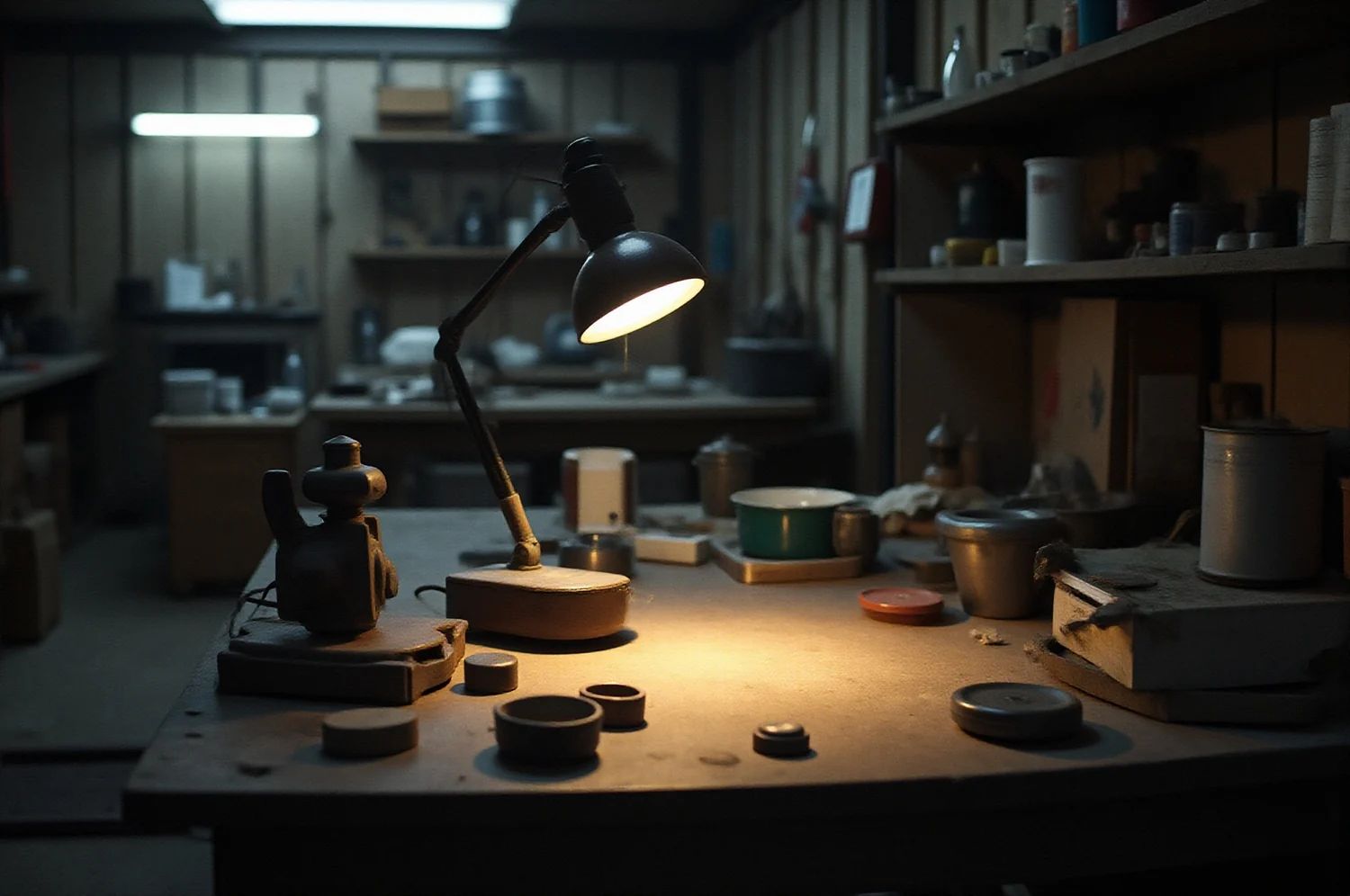 A work lamp throwing light across a workbench in a dim shed