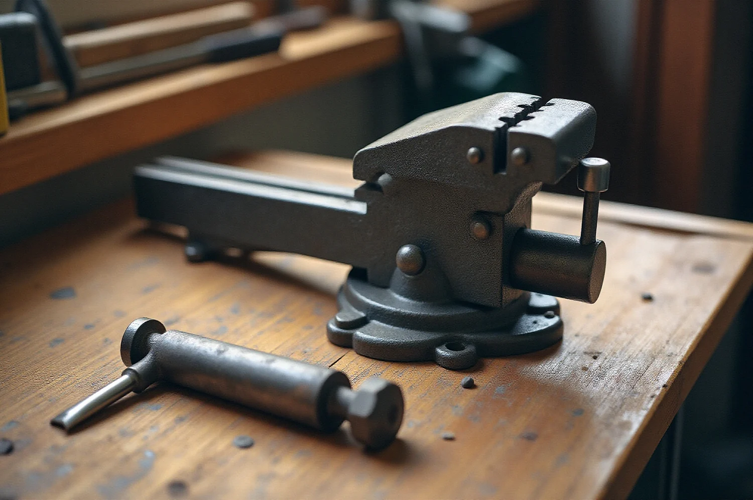 An old bench vice and a metalworking hand tool, close up